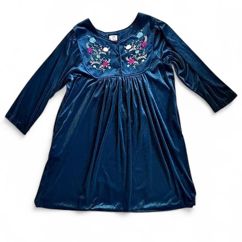 80s/90s Vintage Blue Velvet Embroidered Nightgown – Cottagecore Whimsygoth [XXL] - Picture 8 of 8